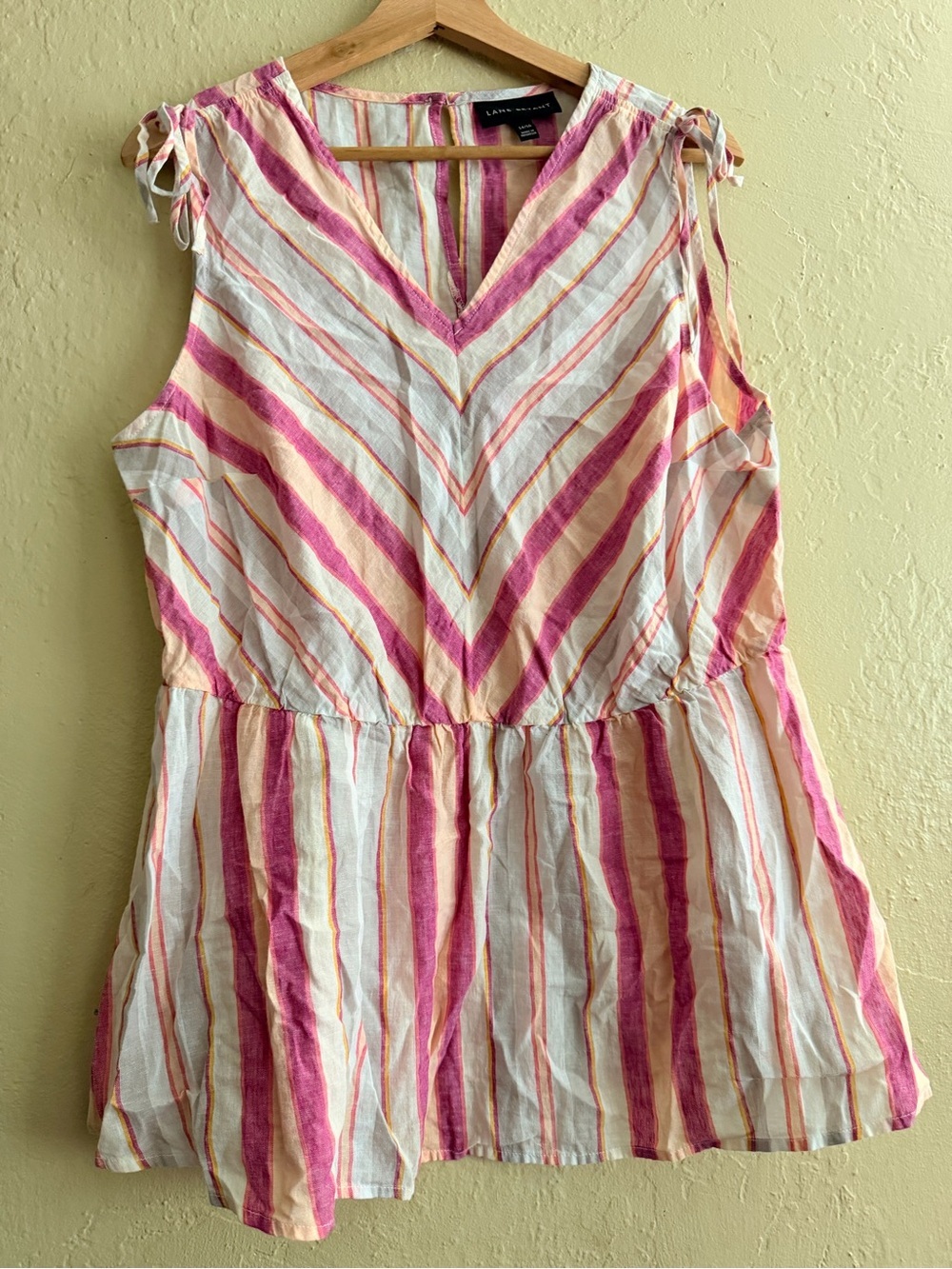 Lane Bryant Pink, Peach & White Striped Sleeveless Peplum Linen Blend Top